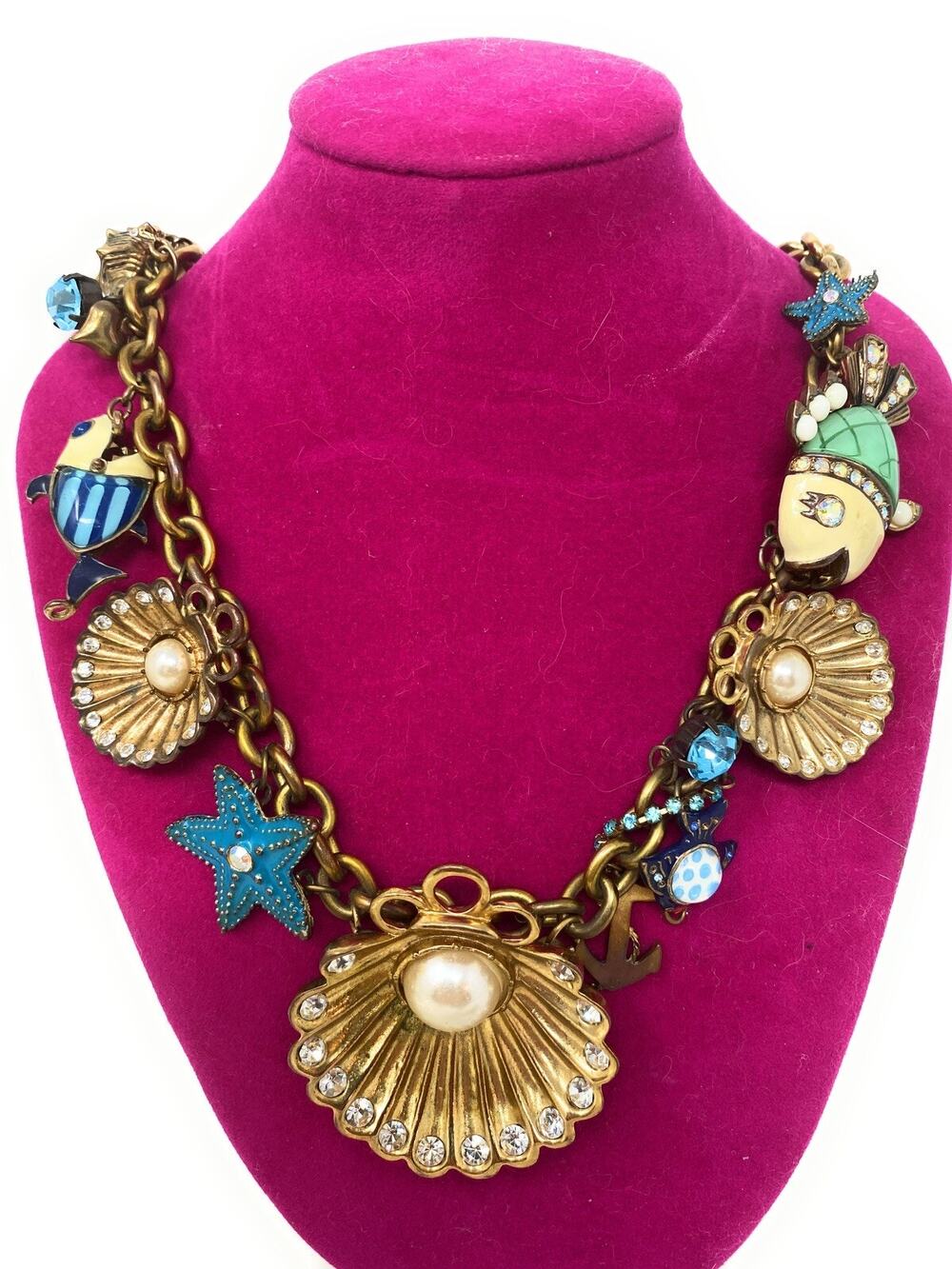 Betsey Johnson Vintage Under The Sea Nautical Blue Fish Conch Shell Necklace